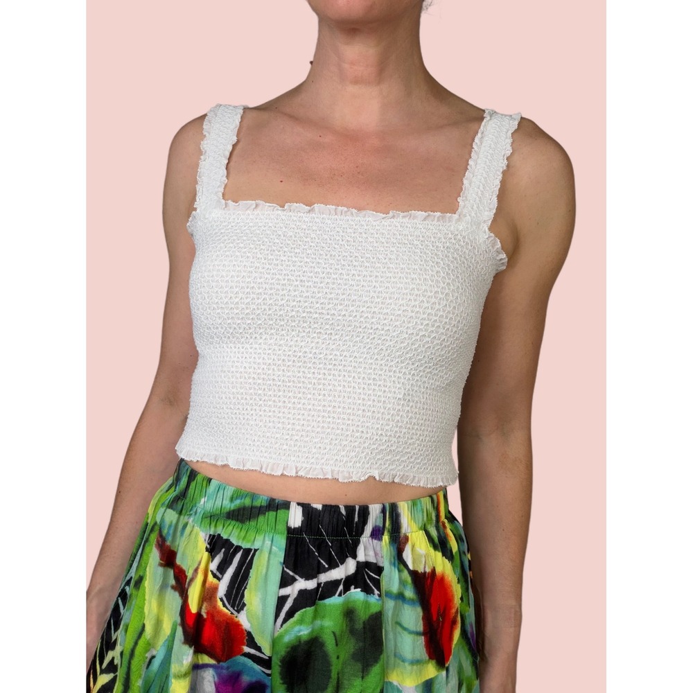 Alice + Olivia White Smocked Cotton Silk Ruffle Crop Top Sleeveless Tank Cami‎ M